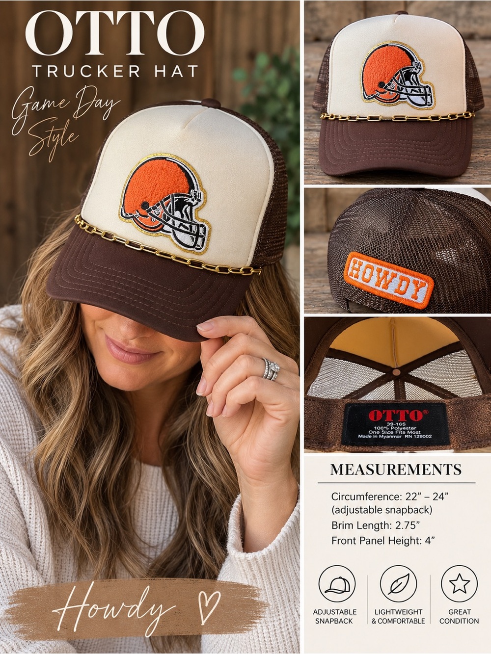OTTO Kids Trucker Hat - Cream Front & Brown Mesh with Orange Helmet Patch